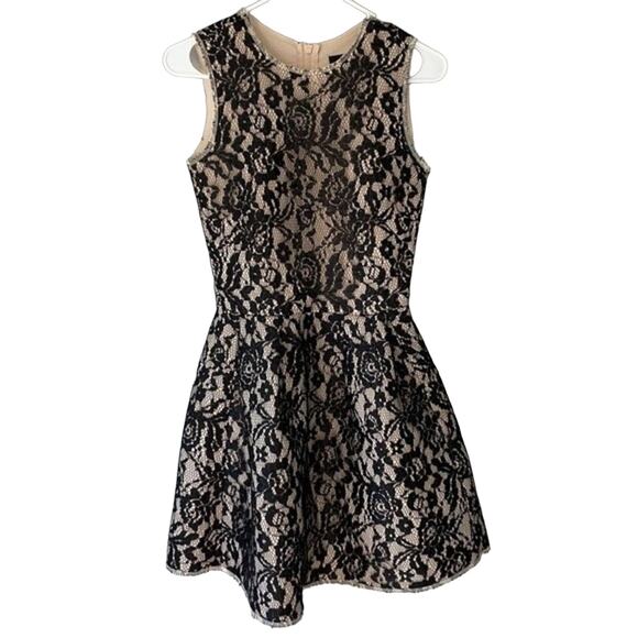H&M Tan Mini Dress 4 Lace Overlay Sleeveless Zipper Back Sheath Casual Womens - Picture 1 of 5